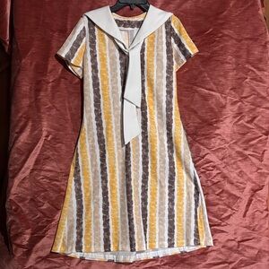 Vintage Striped Yellow and Brown Dress with White Collar